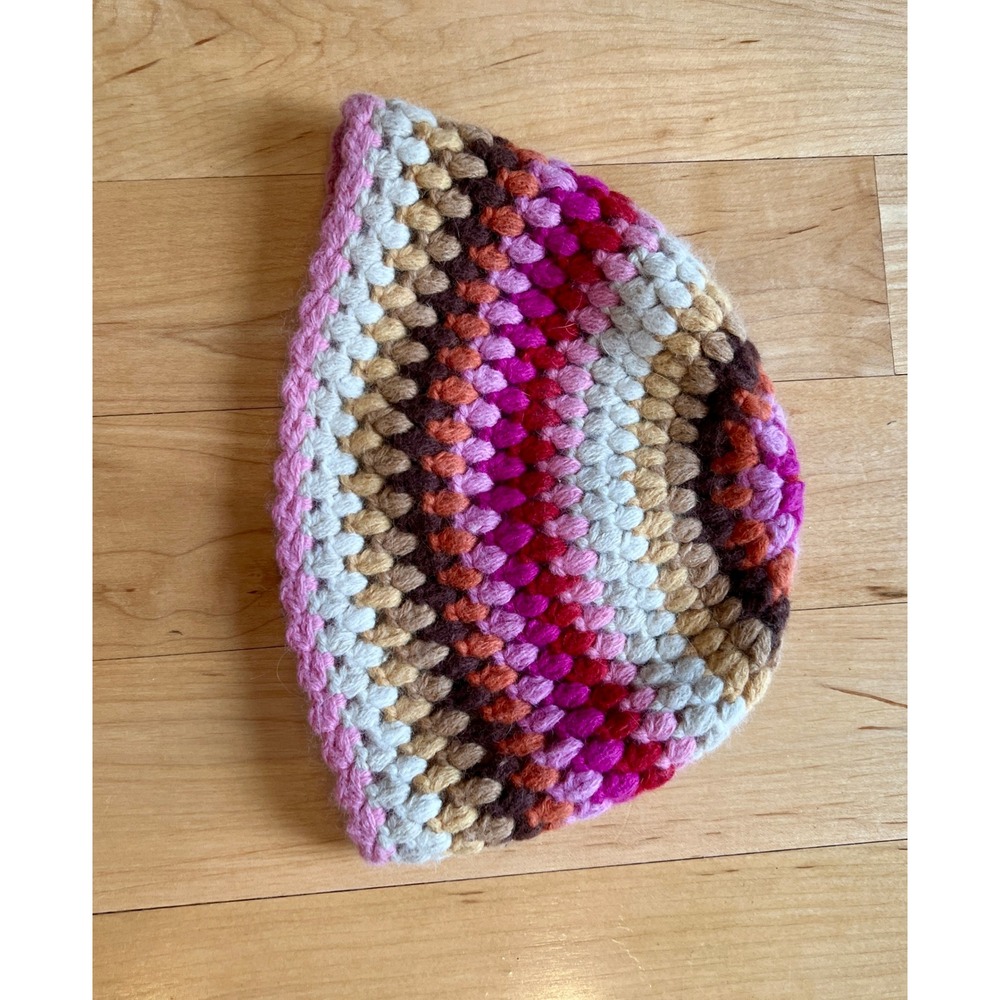 Lord & Taylor Beanie Women OS Pink Multi Striped Lambswool Angora Crocheted Hat